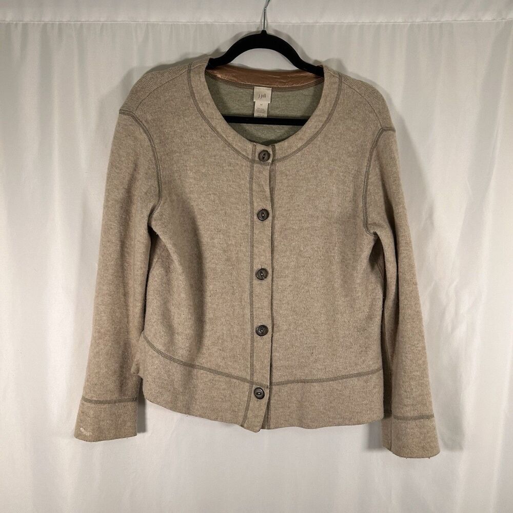 J Jill Wool Blend Cardigan Women's Medium Beige Button Front Long Sleeve Sweater